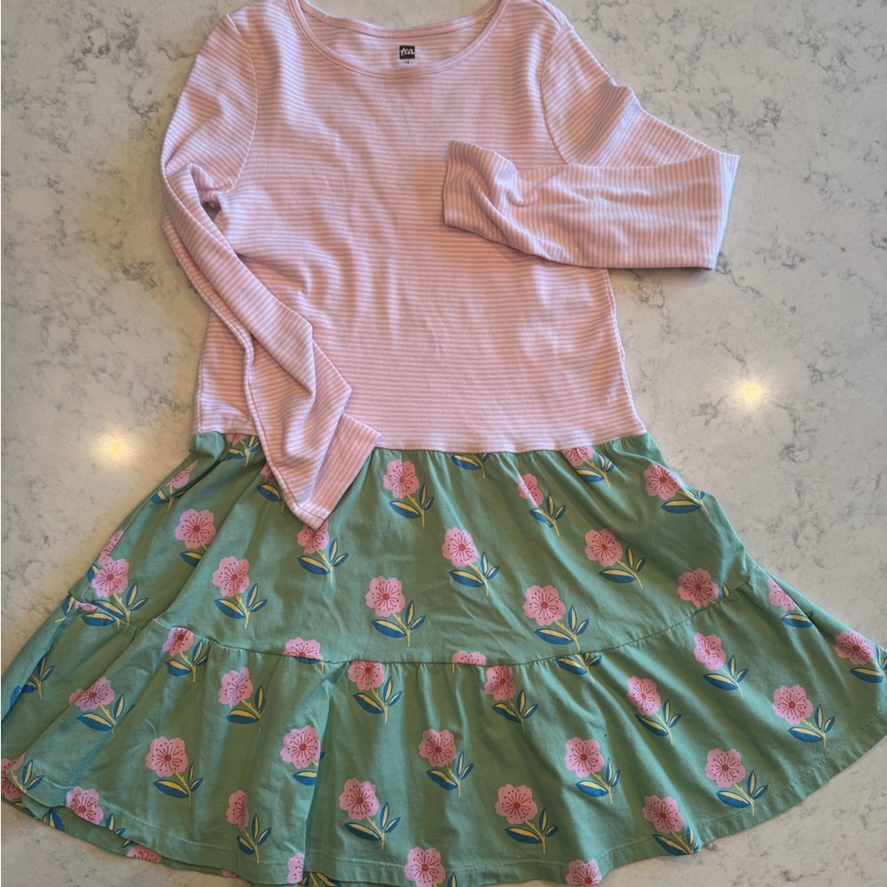 Tea Collection Pink Striped Top with Green Floral Tiered Skirt Dress